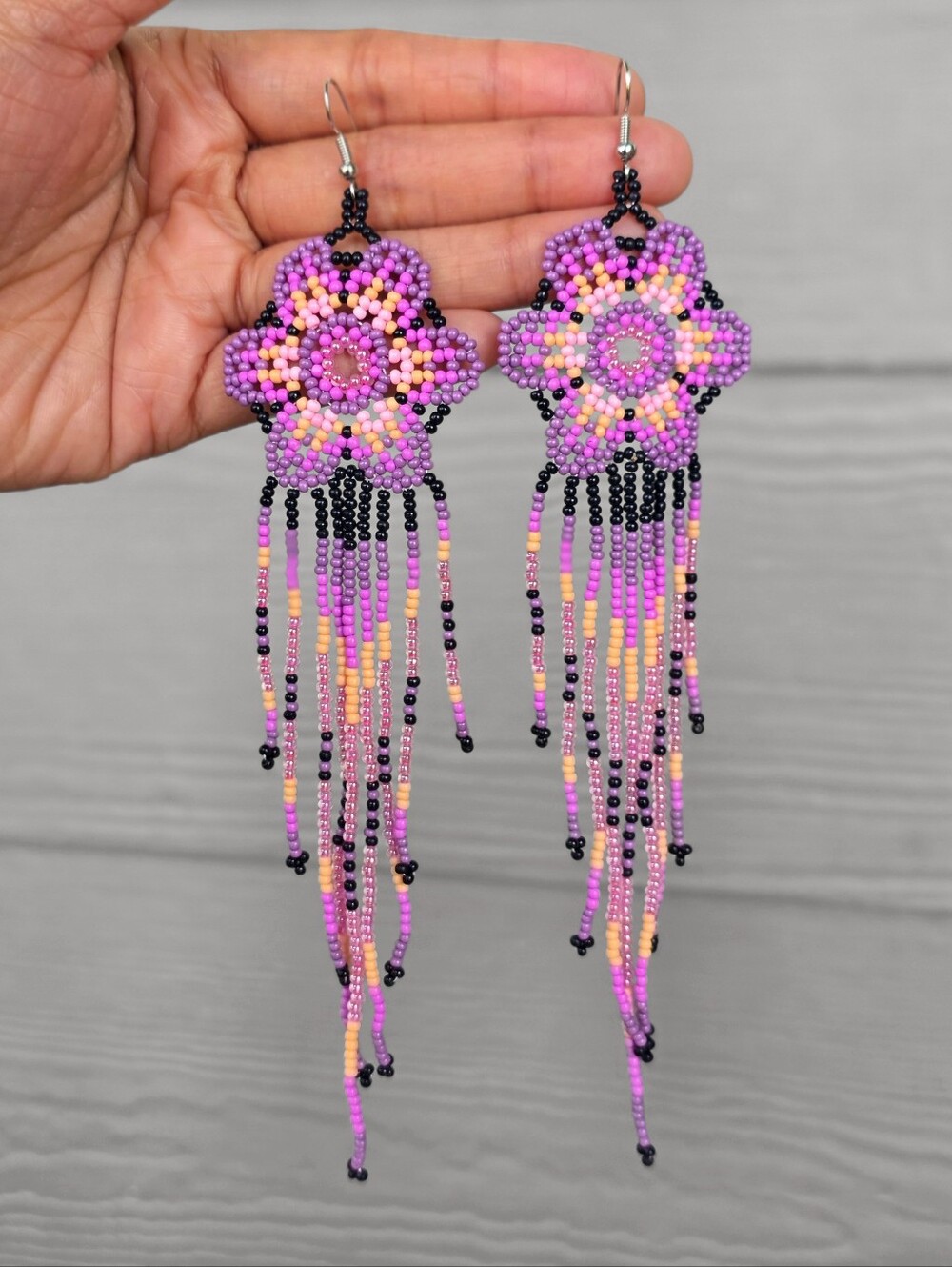 Purple Haze Floral Beaded Earrings Boho Fringe Handmade Statement Jewelry - Picture 3 of 3